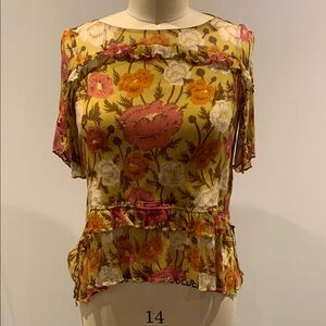 Massimo Dutti Floral 100% Silk Ruffled Peplum Blouse